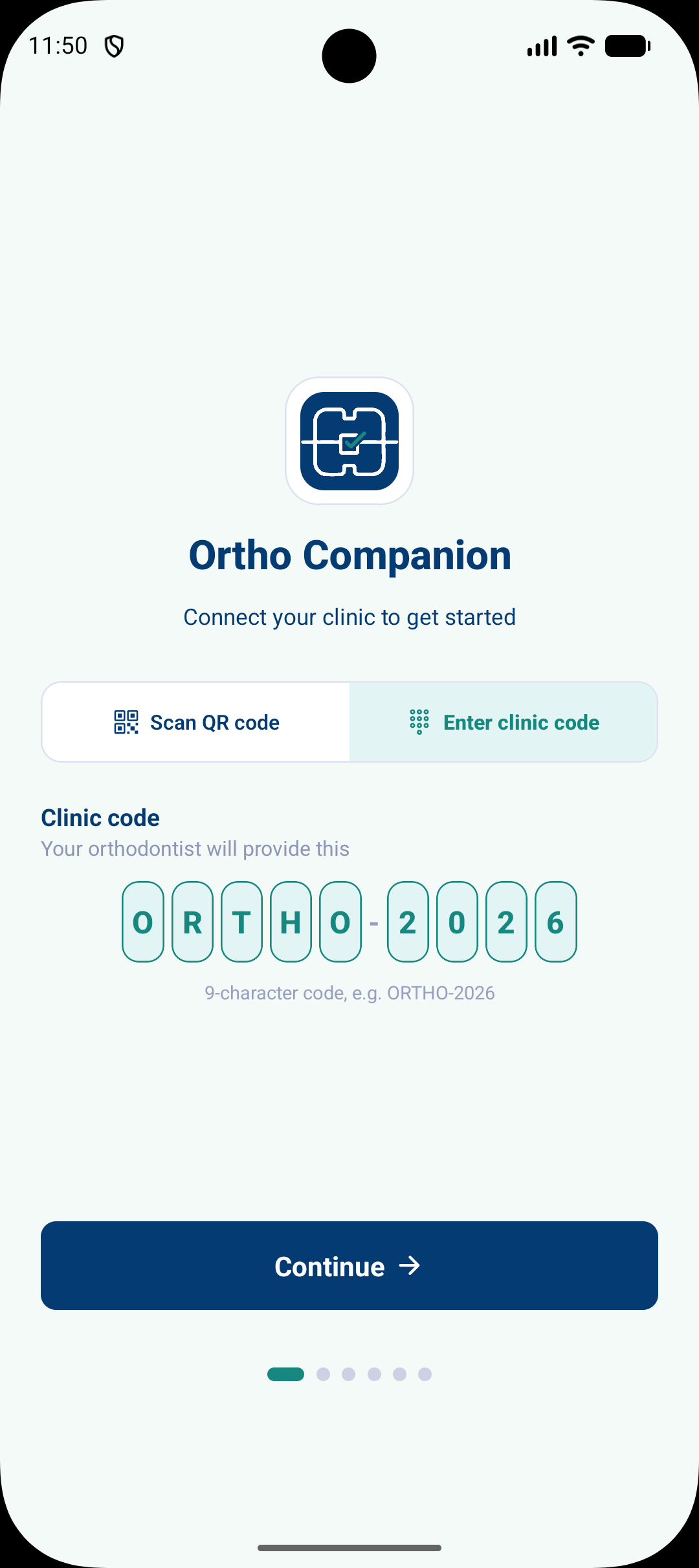 Clinic code entry screen